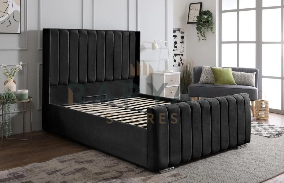 OTTOMAN STORAGE BED PANEL PLUSH VELVET UPHOLSTERED BED FRAME- WINGED HEADBOARD - Image 2 of 4