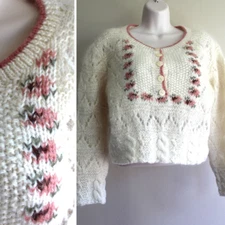 Cottagecore Cropped Mohair Sweater Womens M Floral Embroidered Wool Merilene