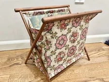 Vtg Sewing Caddy Tote Knitting Basket Yarn Stand Wood Frame Floral *See Pics* NL