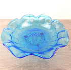 Antique Glass Serving Plate on 3 Legs Pressed c/ 1930s Ruffled Edge Retro Blue