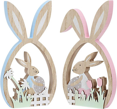 2Pcs Easter Decorations for the Home Farmhouse Rustic Wooden Bunny with Egg East