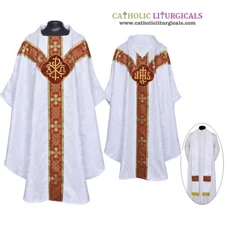 NEW V COLLAR WHITE GOTHIC Vestment & Stole Set Lined Chasuble,Casel,Casulla