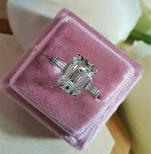 14K White Gold Over 3CT Emerald Cut Lab-Created 3-Stone Engagement Wedding Ring
