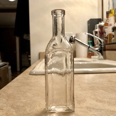 Nice Early Blown Sunken Panel Long Neck Druggist Medicine Bottle 1890s Clear