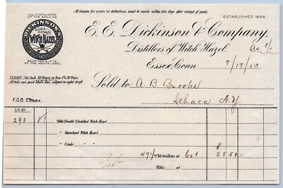 1903 E E Dickinson Co Billhead Essex CT Distillery Witch Hazel Distiller