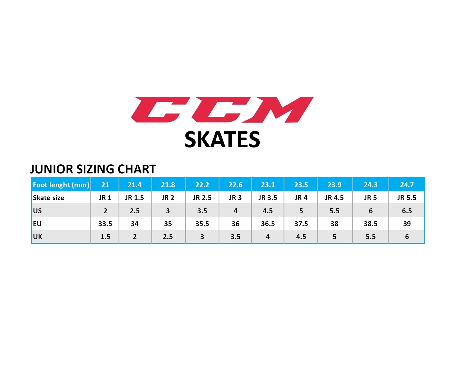 Bauer Junior Skate Size Chart