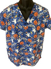 Cassandro O Scrub Top Women's Large Happy Halloween Ghost Pumpkin Web Bat Candy