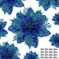 15 PCS Blue Glitter Poinsettia Flowers with Clips for Holiday Decor