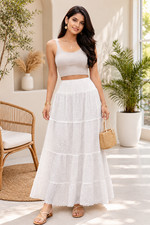 White Long Boho Skirt for Women Elastic Waist Lace Detail Summer Maxi Skirt