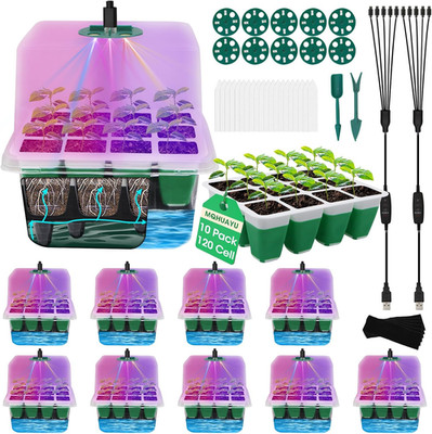 Self Watering Seed Starter Tray with Grow Light, 10-Pack 120-Cell Reusable Seed