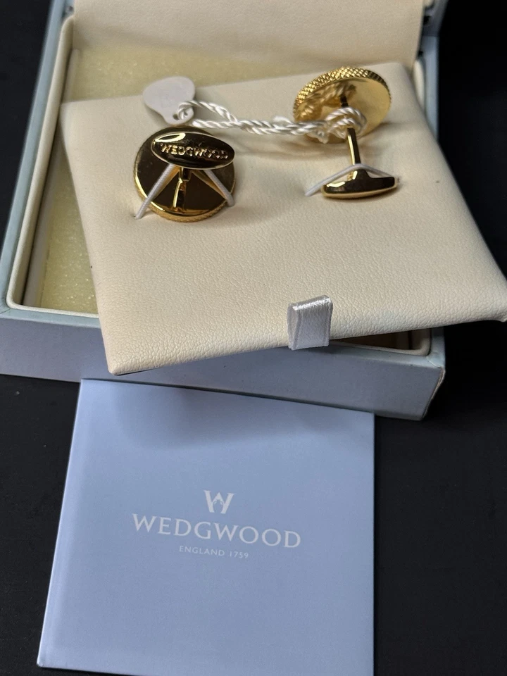 Juego de Gemelos Wedgwood Jasperwear Dorado Azul Tono Velero Barco Inglaterra Foto 3 de 4