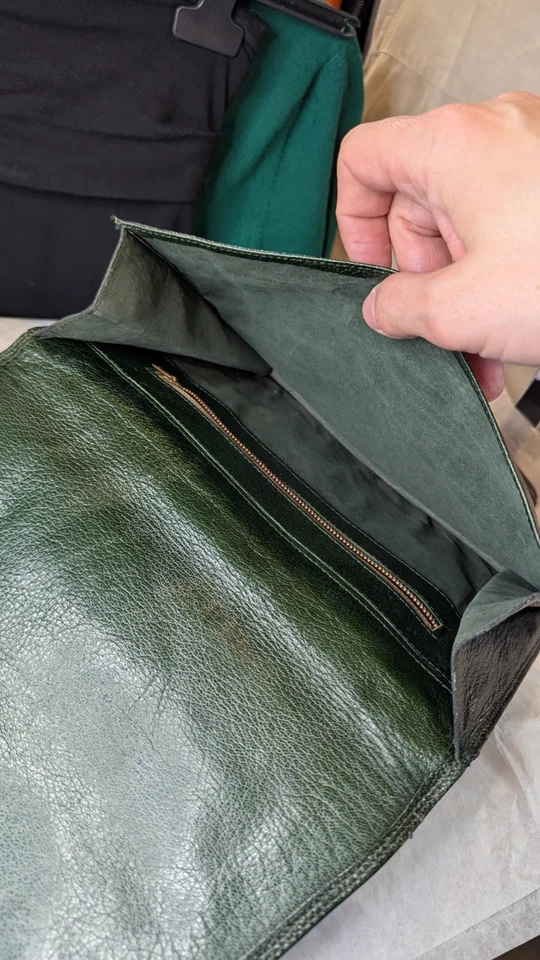 Trousse pochette en cuir vert, vintage, porte document, 25x19cm - Photo 2/4
