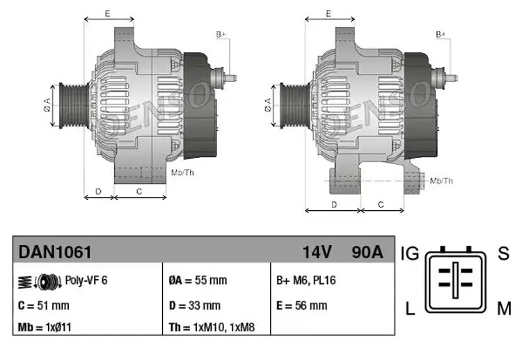 Alternator with freewheel belt pulley DAN1061 DENSO for TOYOTA AURIS