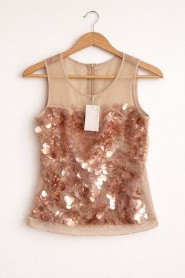 NWT Ann Taylor Sequin Cami Tank Size 2 Nude Beige Rose Gold Disco Glam Top