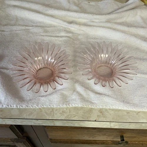 2 Pink Depression Glass flower candy dish/candle holder 5 3/4”