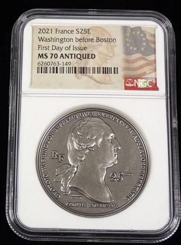 2021 George Washington France 25 Euro 2oz. Silver coin NGC MS70 ANTIQUED w/COA