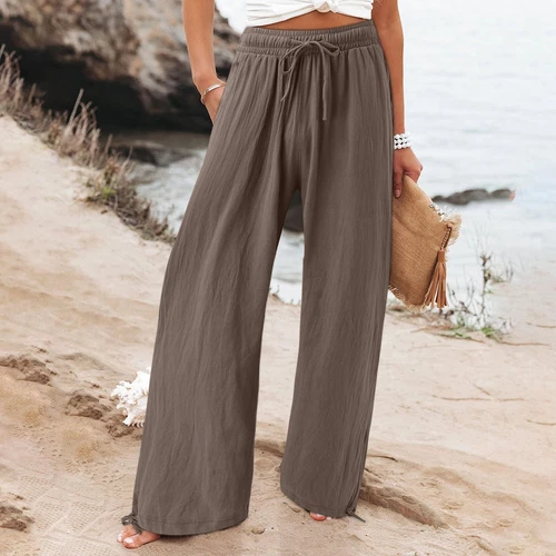 Women Cotton Linen Pants Solid Wide Leg Casual Loose Pants High Waist Trousers - Bild 13 von 36