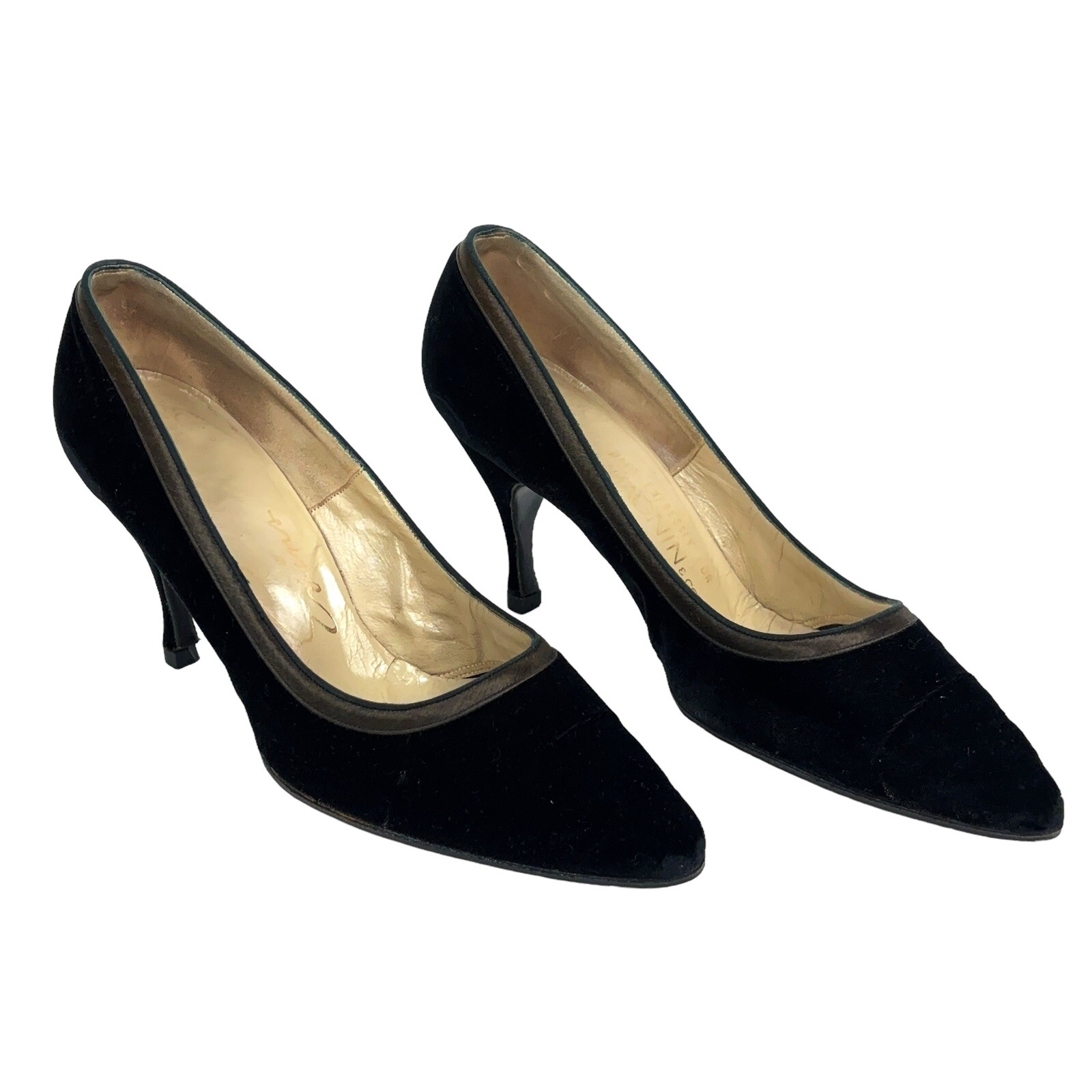 Evins Women S 5 B Black Velvet On Leather Hell Pumps Kitten Point Toe Italy Made