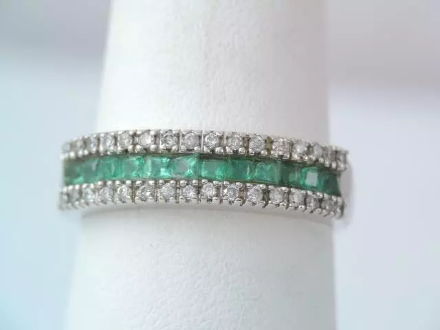 GORGEOUS KUBER 14K WHITE GOLD NATURAL DIAMOND EMERALD BAND RING sz 7 1 4