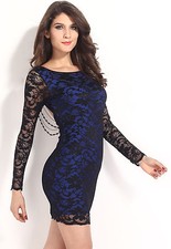 Lace Over a Nude Illusion Thrilling Beaded Lace Bodycon Dress Blue Small
