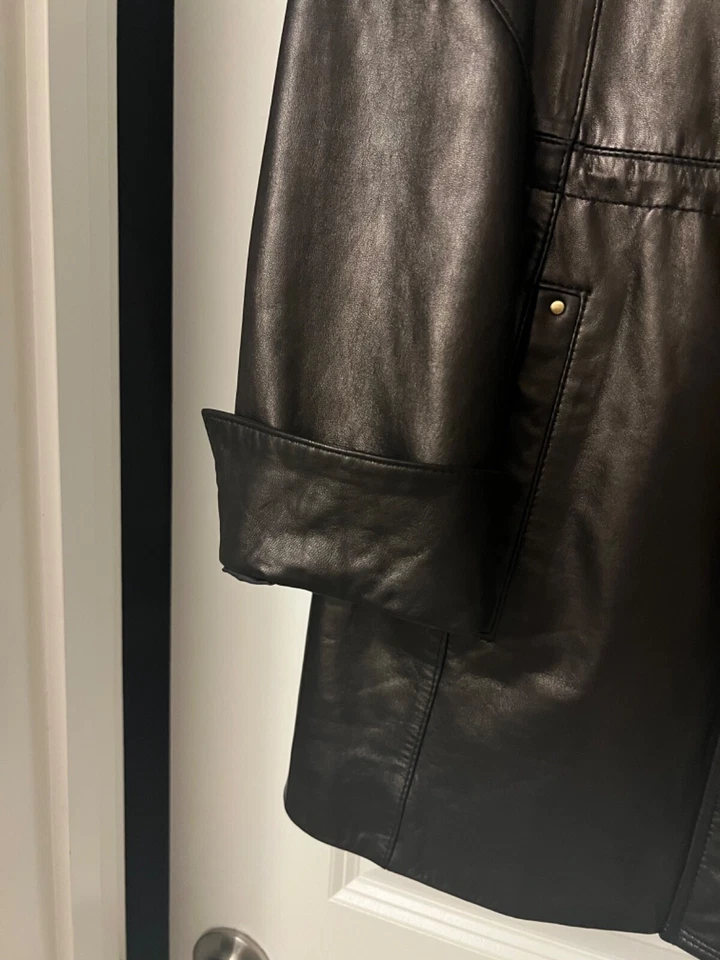 Chaqueta de cuero negra suave para mujer Ellen Tracy grande botón cremallera herrajes dorados Foto 3 de 4