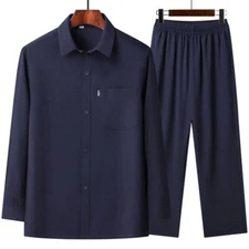 Men Cotton Linen Blend Outfit Lapel Neck Long Sleeve T Shirt Pants 2 Piece Sets