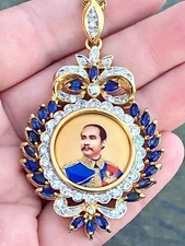Vtg 18K GF Hand Painted Portrait King Rama V of Siam Pendant High End Ethnic