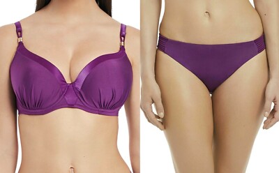 Fantasie Rio Bueno Bikini Set Size 32F S Purple Gathered Full Cup Mid Rise Brief