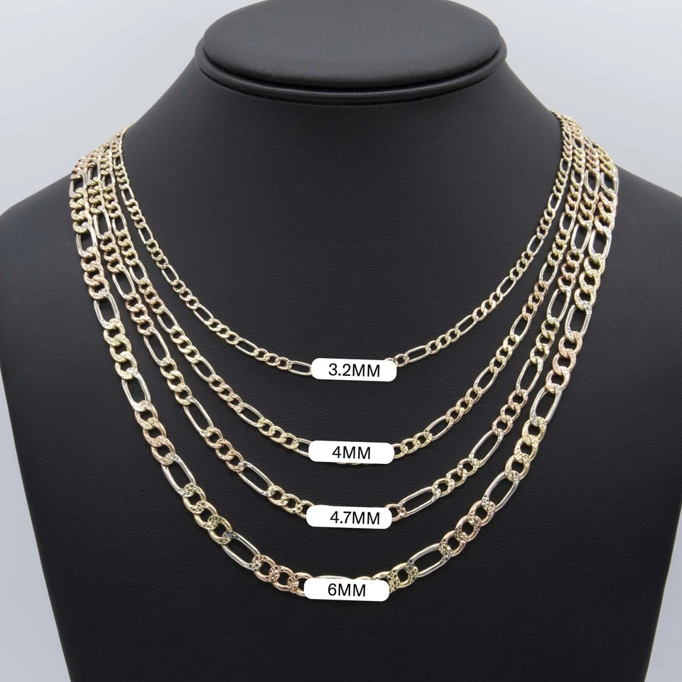 Collar de cadena de eslabones Figaro talla diamante oro amarillo blanco rosa de 10 quilates todos los tamaños Foto 2 de 4