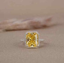 4.38 Ct Real Natural Yellow Sapphire Diamond Wedding Ring 14K Solid White Gold