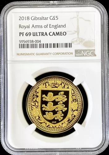 2018 GOLD GIBRALTAR 5 POUNDS ROYAL ARMS OF ENGLAND COIN NGC PROOF 69 UC