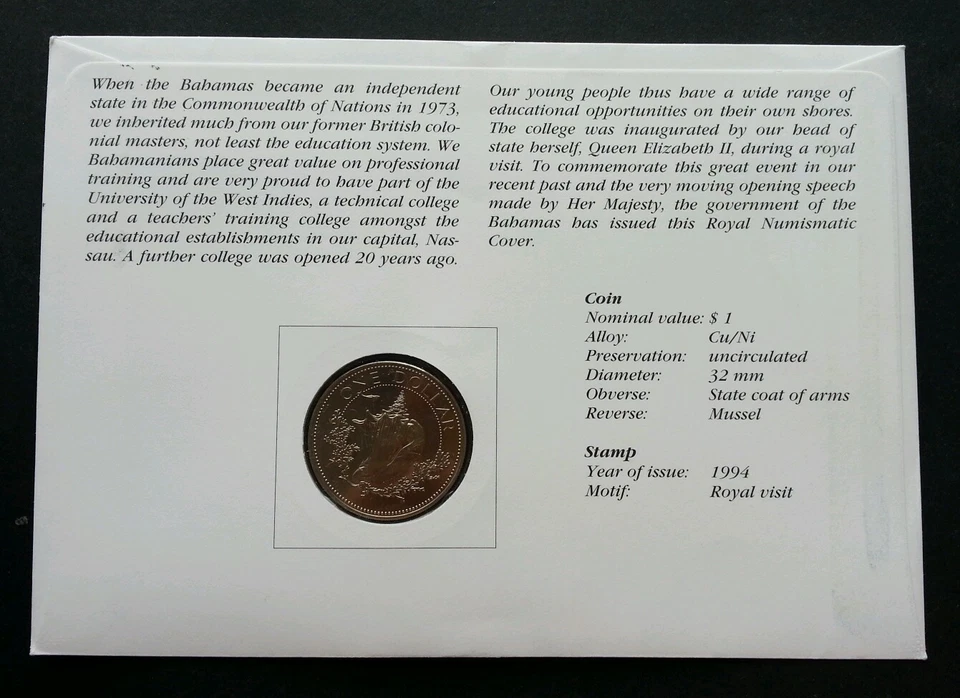 Bahamas Royal Visit 1994 Reina Isabel II Bandera Shell Nation FDC (cubierta de moneda) Foto 2 de 4