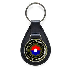 US Army 9th Infantry Division Veteran Black Leather Keychain Silver Keyring