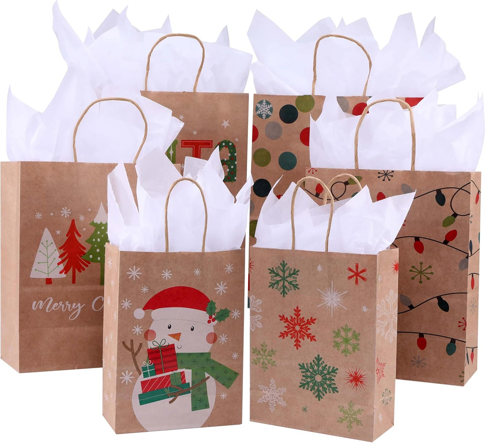 Pack of 24 Brown Christmas Gift Bags Assorted Sizes with Tissue Paper