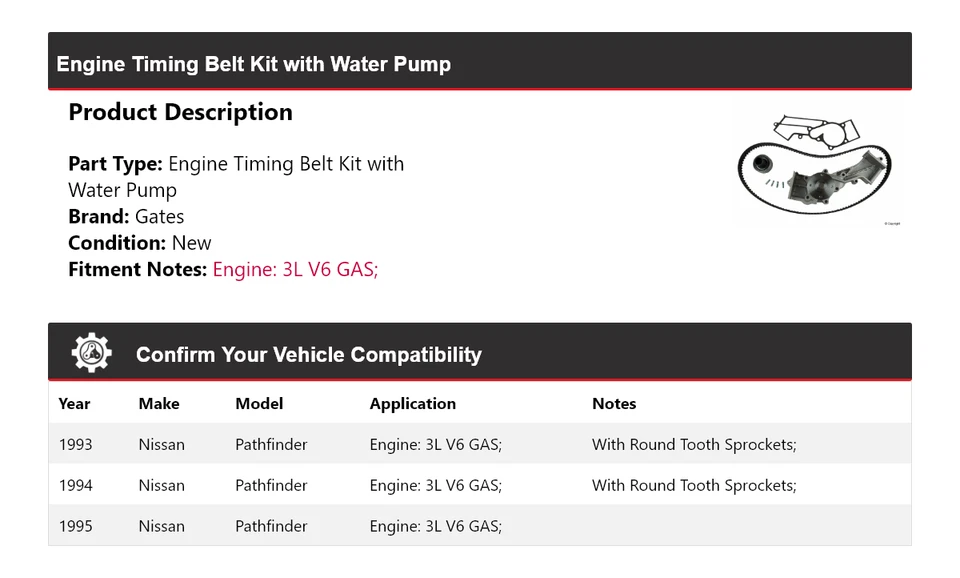 Kit de correa de distribución de motor Nissan Pathfinder 1993-1995 con puertas de bomba de agua Foto 2 de 4