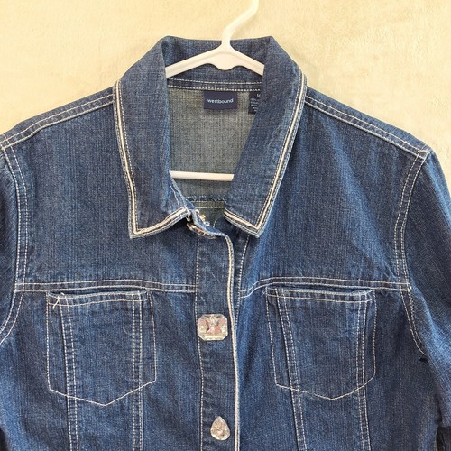 Westbound Women's Blue Jean Jacket M Cotton Dark Wash Rhinestone Snap Buttons - Picture 3 of 12
