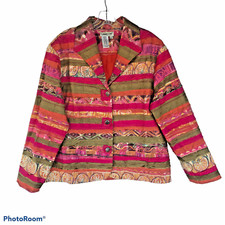 COLDWATER CREEK Womens L Pink Colorful Cotton Ribbon Artsy Blazer Jacket India