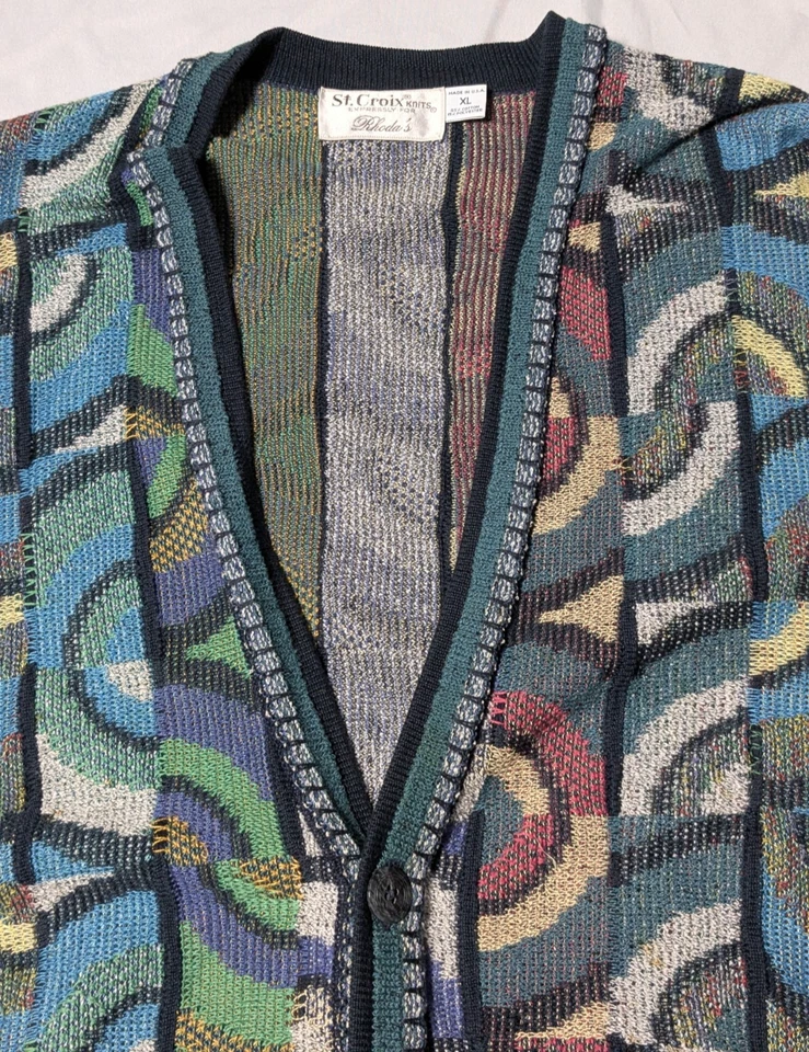 VTG St. Croix Knits For Rhoda's Green Abstract Cardigan - Men XL Made In USA - Image 3 of 4