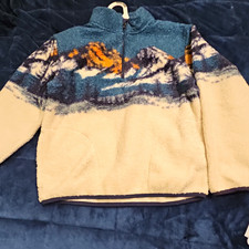Cat Jack Boys 1/4 Zip Fleece Pullover Mountain Graphic Blue/Cream/Orange 8