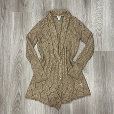 DKNY Open Front Cable KnitCardigan Womens XS Tan Longline Sweater