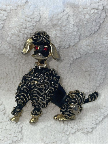 Dafri DOG Brooch PIN Red Eyes Rhinestone Collar Black & Gold Poodle Canada VTG - Picture 1 of 17