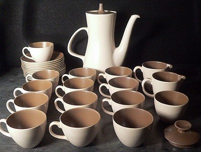 Vintage 60er Jahre 30 Stück Poole Keramik zweifarbig Kaffeeservice Pilz & Sepia