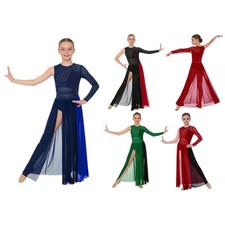 Kids Girls Lyrical Dance Dress Back Invisible Zipper Shiny Rhinestones Dancewear