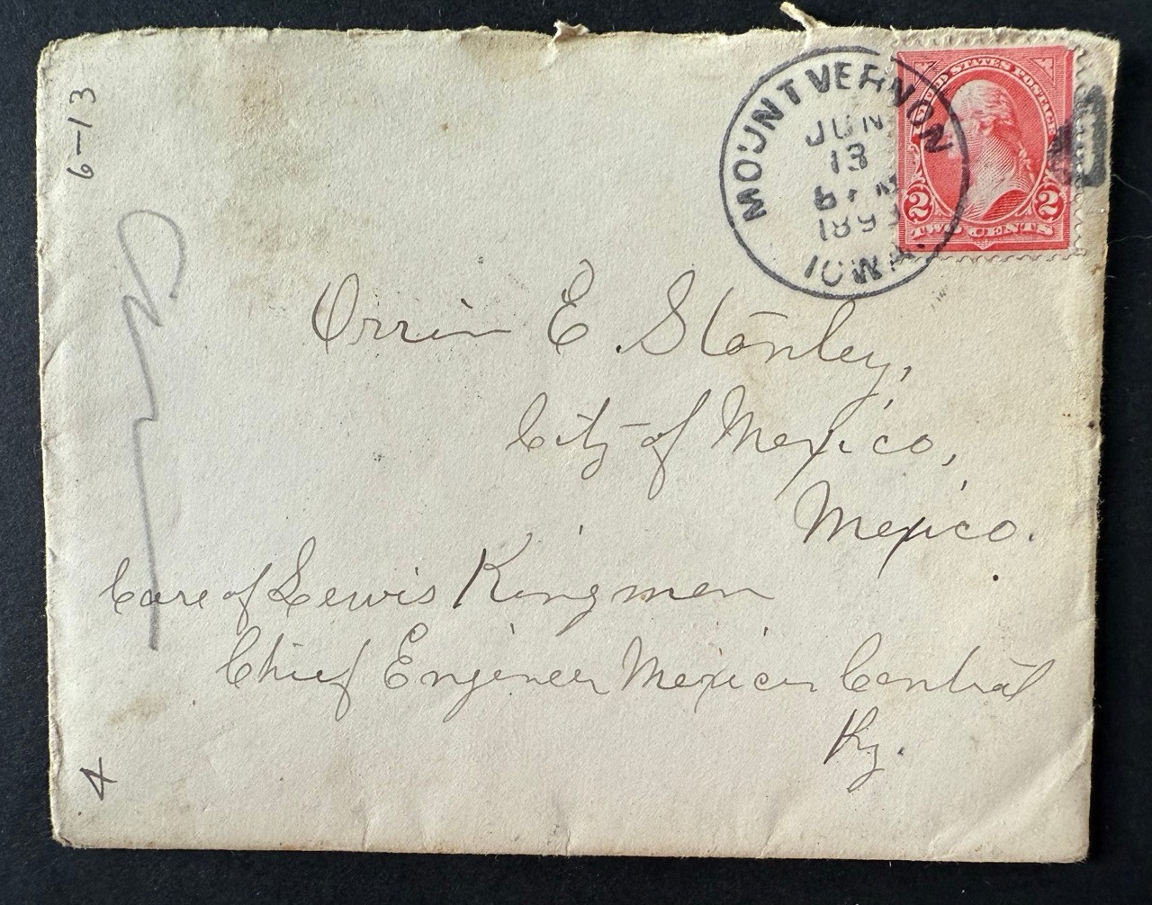 1899 Mexico Railroad Letter Orrin E. Stanley Lewis Kingman Cancels 2c Sucursal
