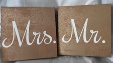 Wedding Mr. Mrs. Canvas Signs, White Script, Gold Background Decor,12 x 12