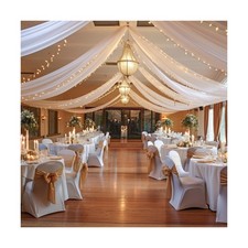 White Ceiling Drapes with Lights String for Weddings, 6 Panels 5ftx30ft Sheer...