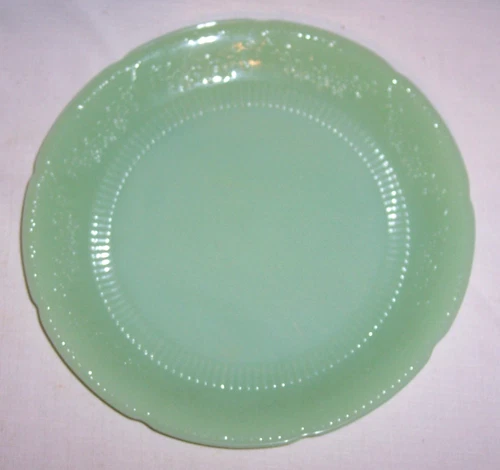 VTG Fire-King Jadeite Dinner Plate 9 1/8" Alice Pattern Anchor Hocking with Logo