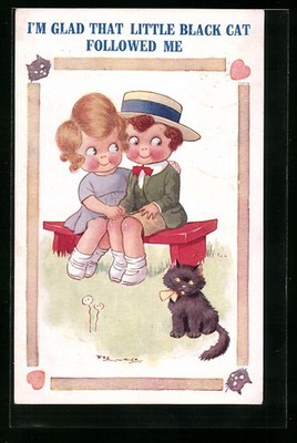Künstler-AK Maurice: I´m glad that little black cat followed me 1934 