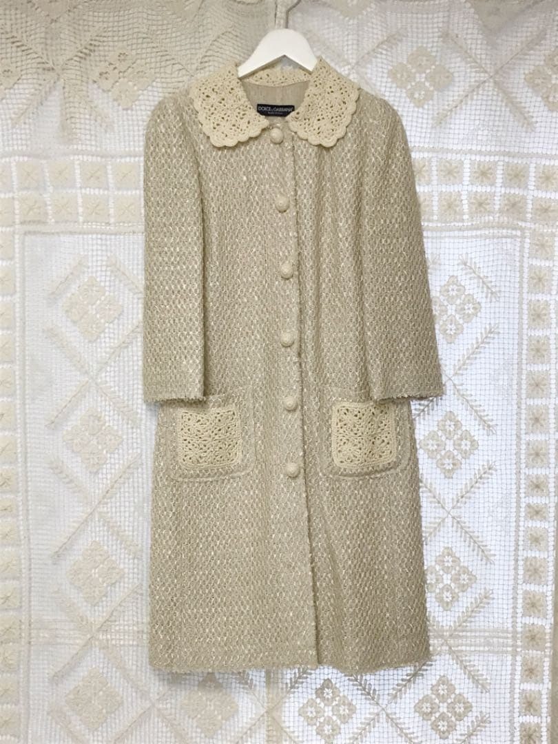 Dolce & Gabbana Vintage Crochet Lace Long Spring Duster Coat Beige 36 Archive