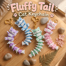 Fluffy Tail Cat Keychain with Heart Clasp Cute Articulated Backpack Charm